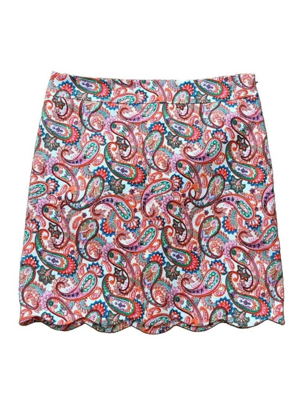 Talbots Women’s 8 Petite Pencil Skirt Paisley Scallop Hem Orange Pink Colorful